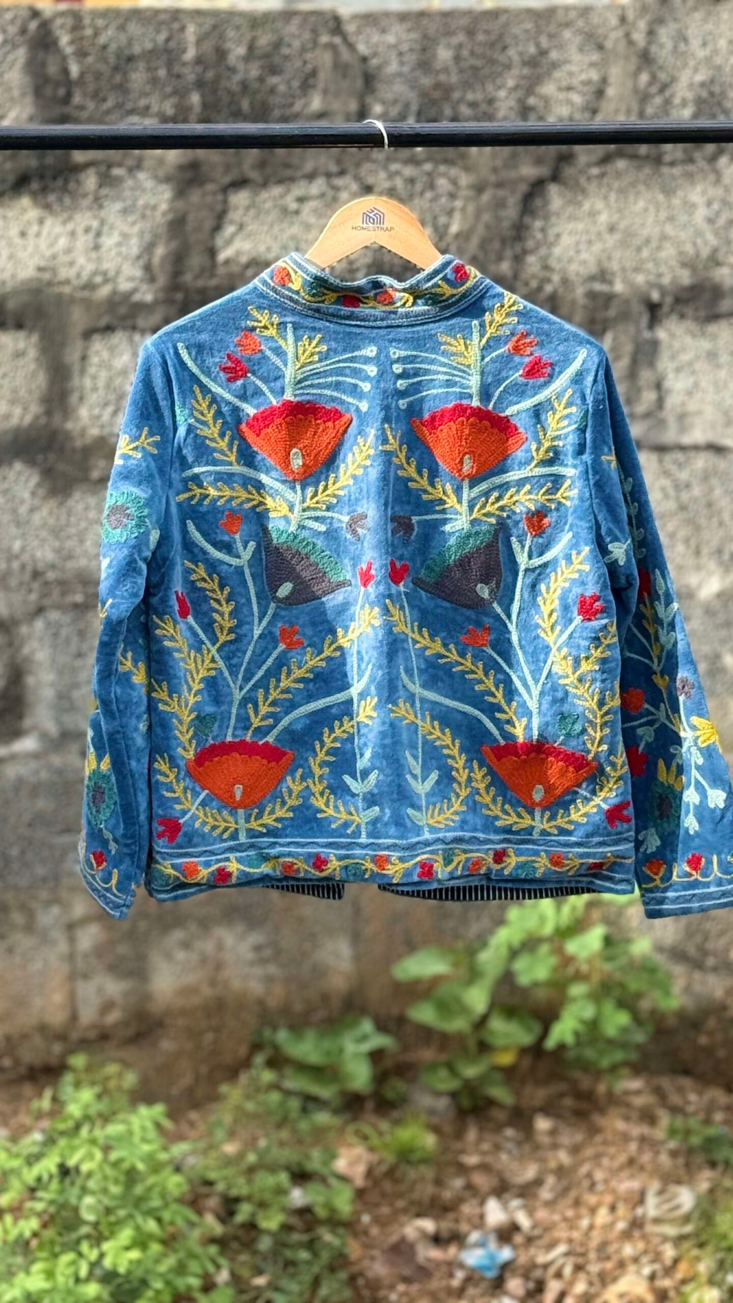 Womens Light Sky Blue Velvet Embroidered Jacket with Floral Design - Image 3