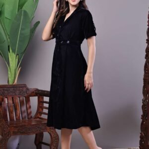 Women's Black Velvet Solid Printed Shirt Midi Dress with Belt
