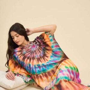 Women's Cotton Tie Dye Print Flowing Bell Sleeves Full Length Kaftan Drees Casual Beach Wear ( Turquoise Yellow )