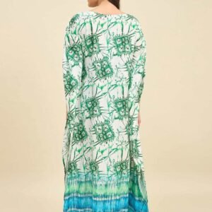 Women's Cotton Tie Dye Print Flowing Bell Sleeves Full Length Kaftan Drees Casual Beach Wear ( Green White )