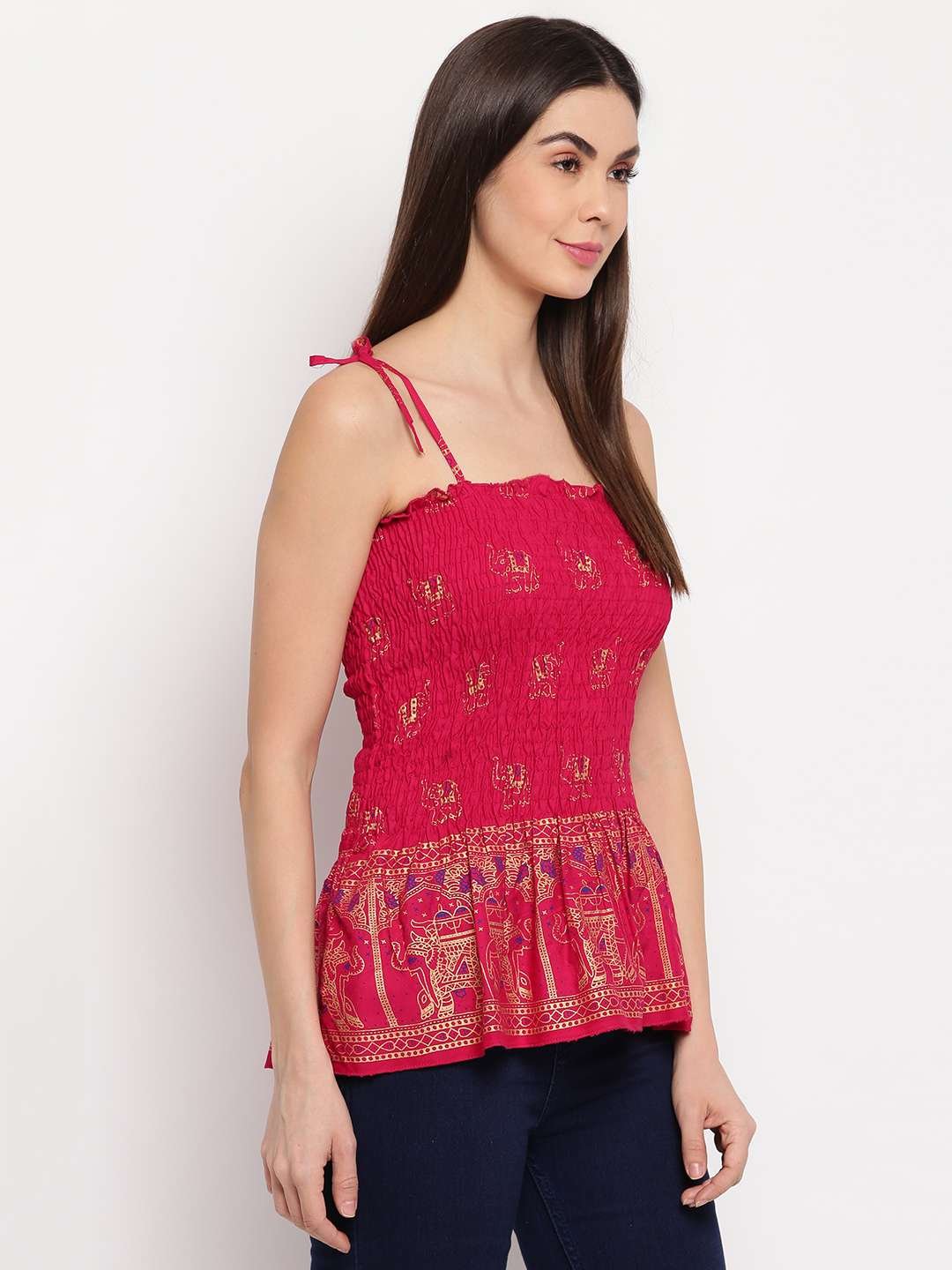 Women's Rayon Elephant Print Casual Summer Style Tie Shoulder Straps Free Size Tank Top ( Maroon Gold Pattern)